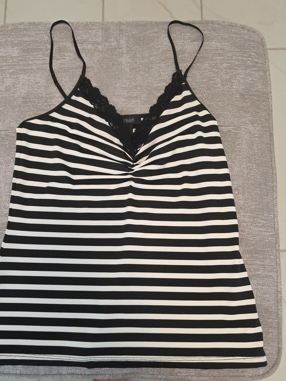 White House Black Market Black and White Striped Lace-Trim Camisole